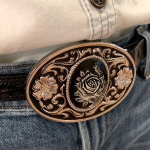 Nocona western leather belt with rose motif silver buckle